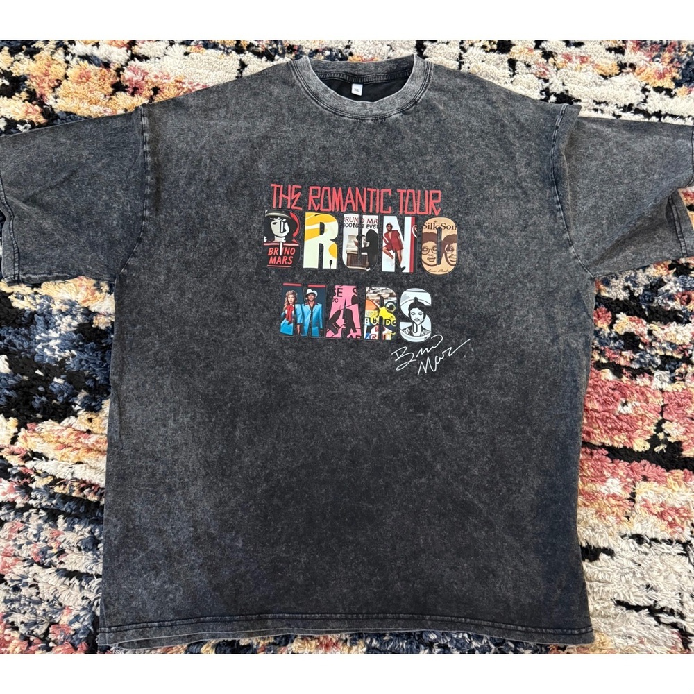 Bruno Mars The Romantic Tour Graphic T-Shirt Charcoal Mineral Wash XXL Concert T